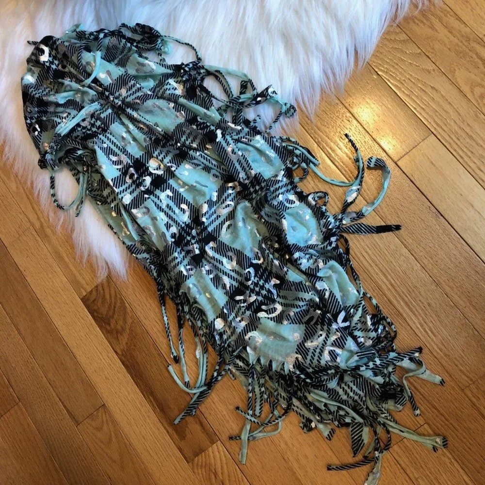Mint Plaid with Silver Animal Spots Infinity Scarf